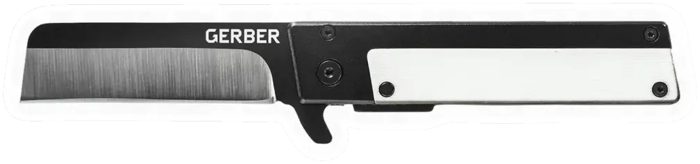 Erdems Gerber Quadrant, White G-10, geöffnet, Seitenansicht, als Papiersticker