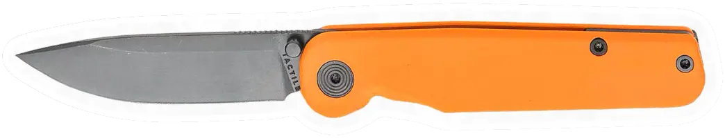 Erdems Tactile Knife Co. Rockwall Thumb Stud, Limited Edition „Safety First“, Orange Cerakote, geöffnet, Seitenansicht, als Papiersticker