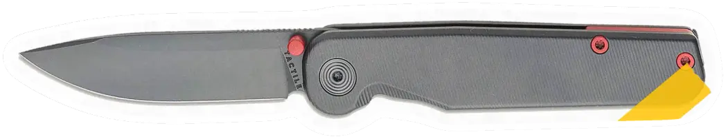 Erdems Tactile Knife Co. Rockwall Thumbstud, Stealth Cerakote Titanium, DLC MagnaCut, geöffnet, Seitenansicht, als Papiersticker