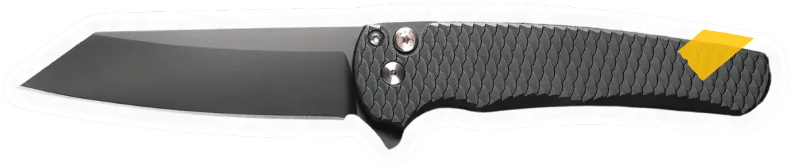 Erdems Pro-Tech Knives Malibu, SHOT Show 2026, geöffnet, Seitenansicht, als Papiersticker