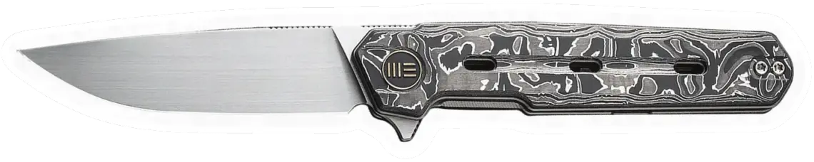 Erdems WE Knife Navo, Hand Rubbed Satin, Aluminum Foil Carbon Fiber, geöffnet, Seitenansicht, als Papiersticker
