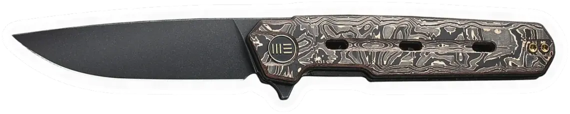Erdems WE Knife Navo, Black Stonewashed, Copper Foil Carbon Fiber, geöffnet, Seitenansicht, als Papiersticker