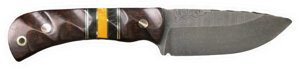 Erdems Half Face Blades Cav Jr, Snakewood, Black G10 and Brass Pin Striping, Dyed Maple and Yellow Dino Bone Tru-stone Split, geöffnet, Seitenansicht, als Papiersticker