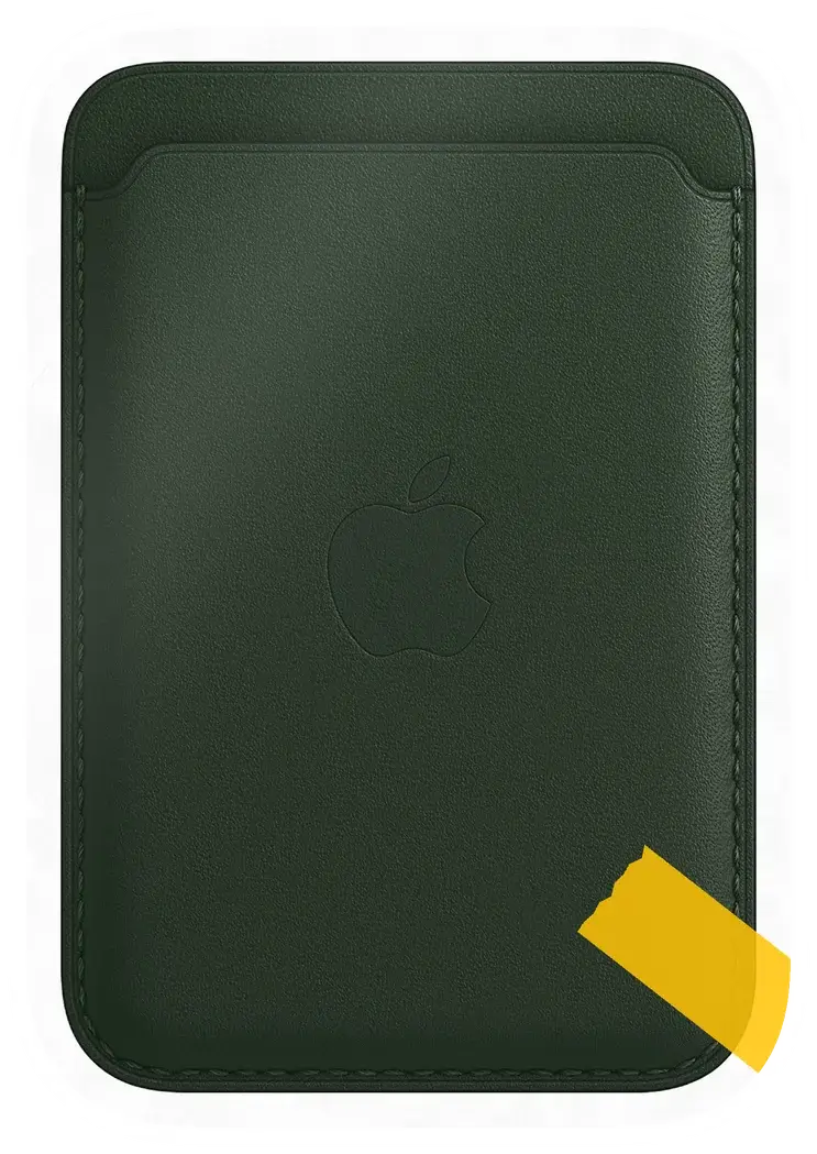 Erdems Apple iPhone Leder Wallet mit MagSafe, Schwarzgrün, Vorderseite, als Papiersticker