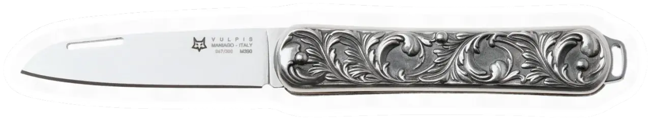 Erdems Fox Knives Vulpis, Limited Edition 2025, Sterling Silver 925, geöffnet, Seitenansicht, als Papiersticker