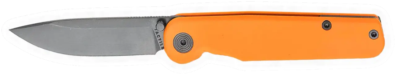 Erdems Tactile Knife Co. Rockwall Thumb Stud, Limited Edition „Safety First“, Orange Cerakote, geöffnet, Seitenansicht, als Papiersticker