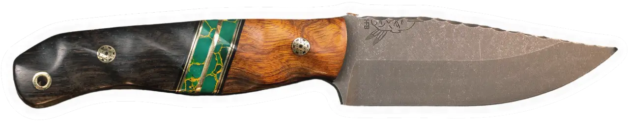 Erdems Half Face Blades Crow Jr, Desert Ironwood, Black G10 and Brass Pin Striping, Arizona Jade Tru-stone Split, African Blackwood, geöffnet, Seitenansicht, als Papiersticker