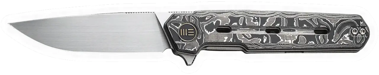 Erdems WE Knife Navo, Hand Rubbed Satin, Aluminum Foil Carbon Fiber, geöffnet, Seitenansicht, als Papiersticker