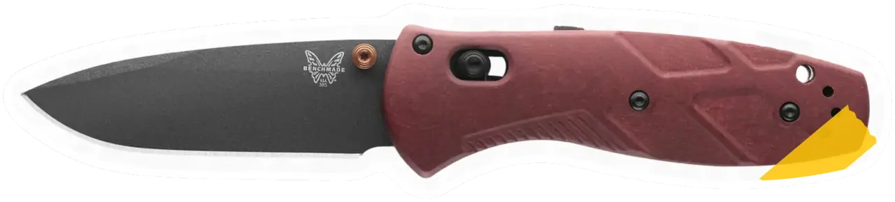Erdems Benchmade Mini Barrage, Redstone Richlite, Black Cerakote, Drop-Point, geöffnet, Seitenansicht, als Papiersticker