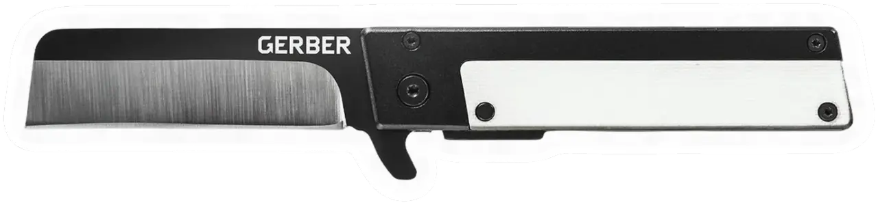 Erdems Gerber Quadrant, White G-10, geöffnet, Seitenansicht, als Papiersticker
