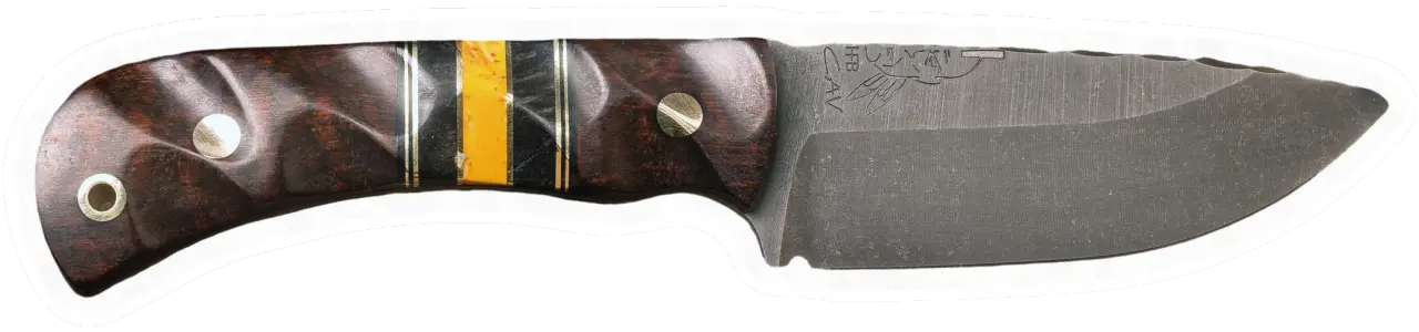 Erdems Half Face Blades Cav Jr, Snakewood, Black G10 and Brass Pin Striping, Dyed Maple and Yellow Dino Bone Tru-stone Split, geöffnet, Seitenansicht, als Papiersticker