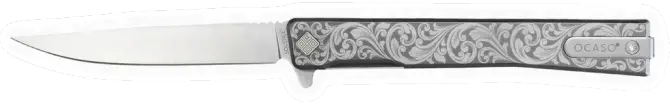 Erdems Ocaso Solstice, Engraved Titanium, Scroll, Satin Blade, geöffnet, Seitenansicht, als Papiersticker