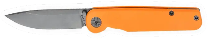 Erdems Tactile Knife Co. Rockwall Thumb Stud, Limited Edition „Safety First“, Orange Cerakote, geöffnet, Seitenansicht, als Papiersticker