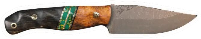 Erdems Half Face Blades Crow Jr, Desert Ironwood, Black G10 and Brass Pin Striping, Arizona Jade Tru-stone Split, African Blackwood, geöffnet, Seitenansicht, als Papiersticker