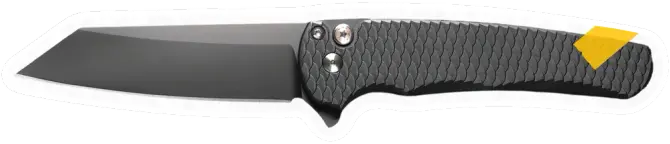 Erdems Pro-Tech Knives Malibu, SHOT Show 2026, geöffnet, Seitenansicht, als Papiersticker