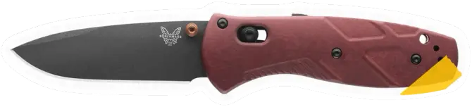 Erdems Benchmade Mini Barrage, Redstone Richlite, Black Cerakote, Drop-Point, geöffnet, Seitenansicht, als Papiersticker